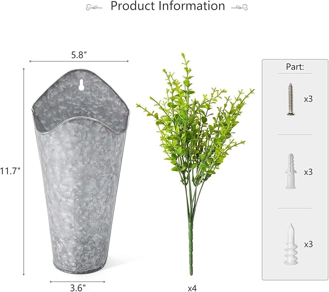 Dahey 2 Pack Galvanized Metal Wall Planter with Artificial Eucalyptus Farmhouse Decor Hanging Wall Vase Planters Flowers Holder for Country Rustic Home Wall Decor,Silver