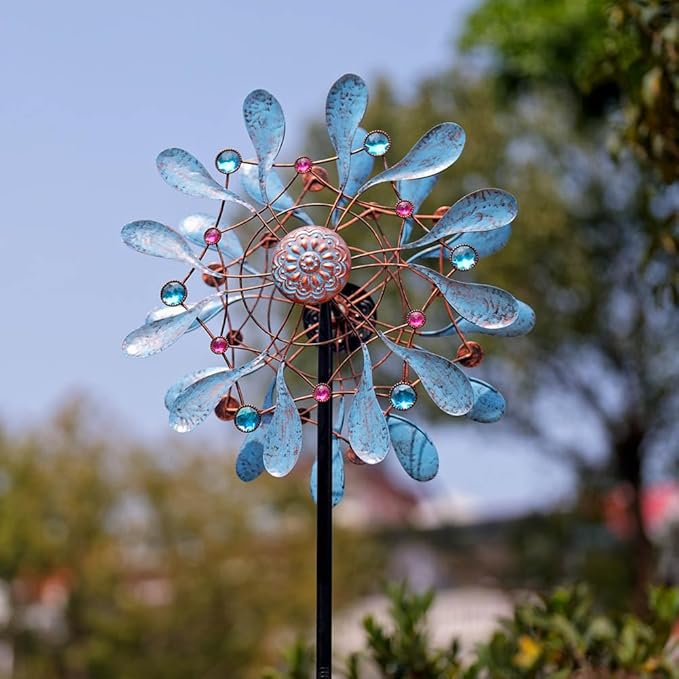 Stargarden Wind Spinners Outdoor, Large Kinetic Wind Spinner, Waterproof Blue Pinwheels with 4 Sturdy Stake, Metal Windmill for Yard, Porch Decor (21 * 90 Inches)