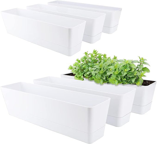 GREANER Long Window Boxes Planters, 6 Pack 16x3.8 Inch Vegetable Box Pot with Tray, Indoor Succulent Cactus Flowers Plastic Rectangle Pot for Balcony, Office, Garden, Outdoor, Windowsill - White