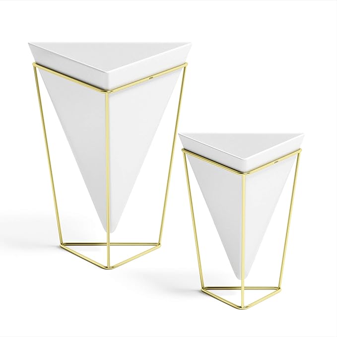 Umbra - 1004372-524 Trigg Desktop Planter Vase & Geometric Container-for Succulent, Air, Mini Cactus, Faux Plants and More, Desk, White/Brass