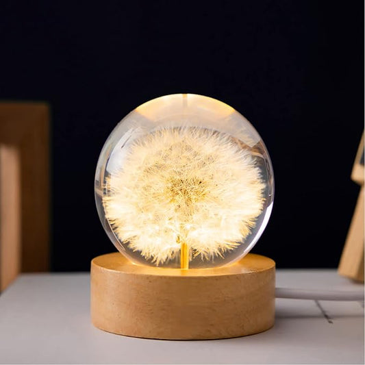 Flower Crystal Ball Night Light,2.4 inch Glass Ball Night Lamp with Woodern Base (Dandelion)