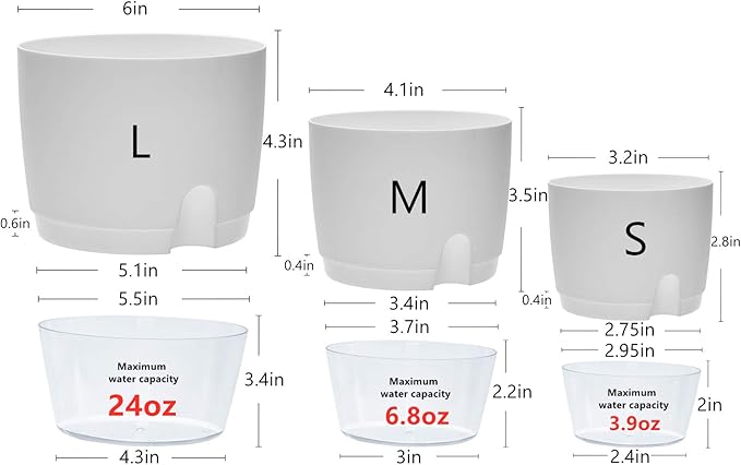 Self Watering Pots for Indoor Plants, 5 Pack 6/4.1/3.2 Inch Flower Pot Modern Decorative Plastic Planter with Extra Large Water Storage for All House Plants, Flowers, Herbs(White)