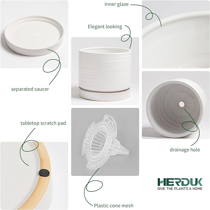6 + 8 Inch Plant Pots, Ceramic Planter Pot with Drainage Hole & Saucer, Indoor/Outdoor Cylinder Round Planter Pot, Matte White