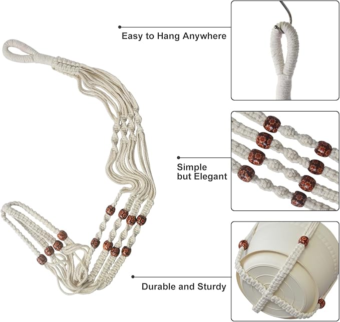 Macrame Plant Hanger with Pot, 3 Set Hanging Planters for Indoor Plants, Handmade Cotton Rope Boho Home Decor, Idea Gift for Anyone, Includes Plant Holders, Pots, Plates and Hooks (Ivory)