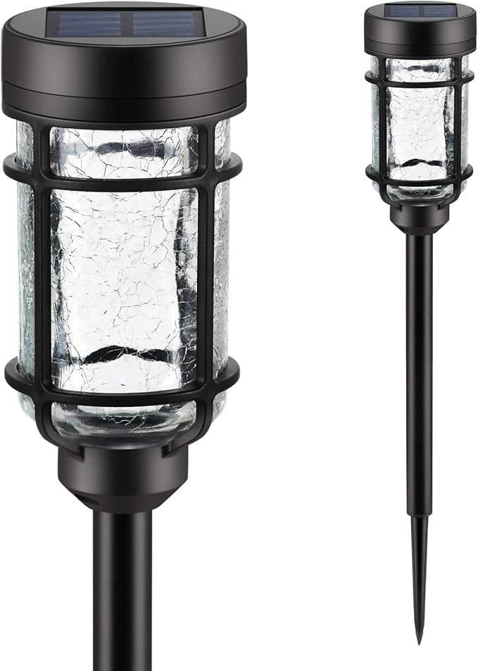 Solar Pathway Lights 2 Pack, Color Changing+Cool White LED Solar Lights Outdoor, Waterproof Lighted Crackle Glass Stake for Garden Path Walkway Backyard Lawn Landscape Decoration