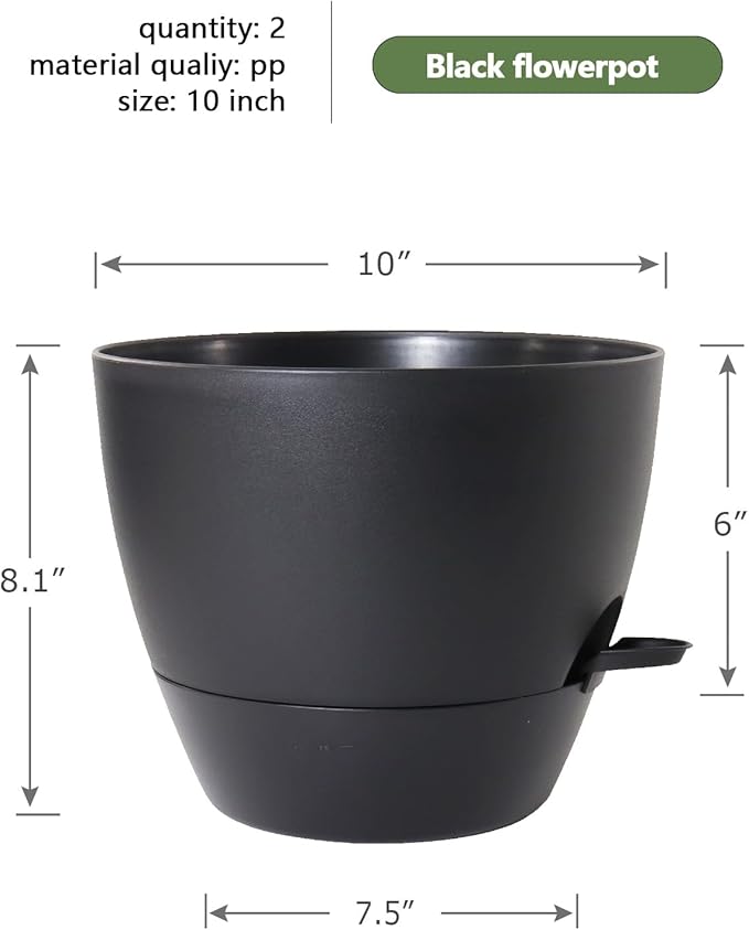 10 inch Self Watering Pots, 2 Pack Plastic Planters with Mesh Drainage Holes for Garden Plants and Flower, Plants Pots with Deep Reservoir for Indoor Outdoor Plants, Black