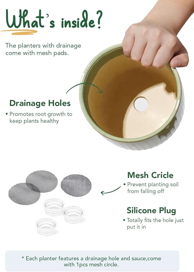 LE TAUCI Ceramic Planters, 8.3+6.9+5.7 Inch Plant Pots for Indoor Plants, Set of 3 Flower Pot with Drainage Holes, Large Round Planters Pot for Indoor House Plants, Reactive Glaze Sage Green