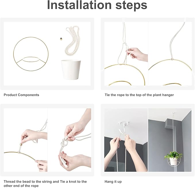 Mkono Boho Hanging Planter, Set of 2 Metal Plant Hanger with Plastic Pots, Modern Mid Century Flower Pot Plant Holder in Diamond and Circle Shape, Fits 6 Inch Planter (Pots Included), Black