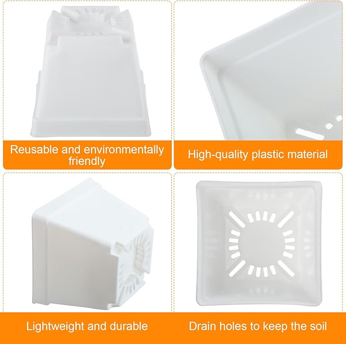 100 Pieces 4 Inch Flower Pots Square Plants Nursery Pot Plastic Plant Seedling Pots Nursery Transplanting Planter Container with Saucer for Indoor Herbs Succulents Balcony Garden Office (White)