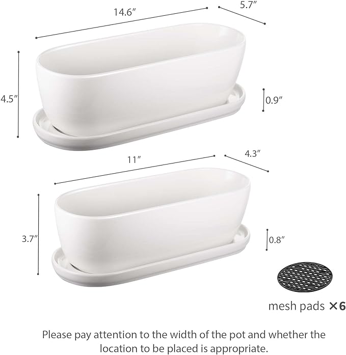 Ceramic Plant Pots, 11+14 inch, Set of 2, Planters with Drainage Holes Saucers and Mesh Pads, Indoor Flower Succulent Pot with Hole Mesh Pad, Gifts for Mom, Plants Not Included