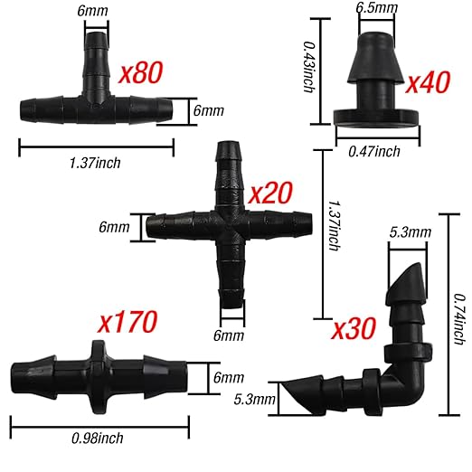GXXMEI 340PCS Irrigation Fittings Kit, Drip Irrigation Barbed Connectors for 1/4-Inch Tubing Flower Garden Lawn Irrigation (170 Straight Barbs + 80 Tees + 30 Elbows + 40 End Plug+ 20 4-Way Coupling)