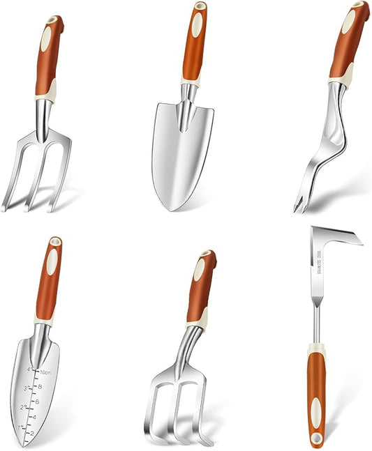 Gardening Tools, 6 Pack Stainless Steel Garden Tool Set with Non-Slip Rubber Grip, Ideal Gardening Gifts for Women