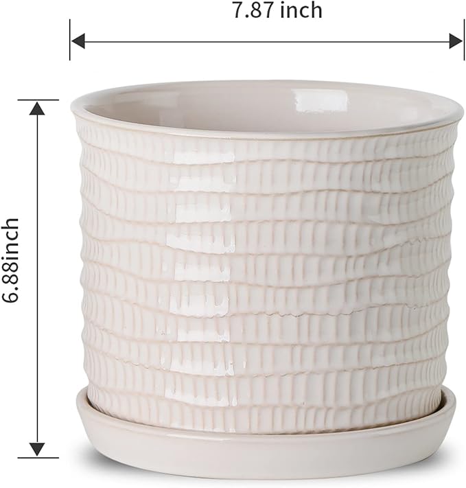 8 Inch Plant Pot: Ceramic Planter with Drainage Hole & Saucer for Indoor Outdoor Plants - Flowerpot with Bonded Tray for Home Office - Wave Embossed