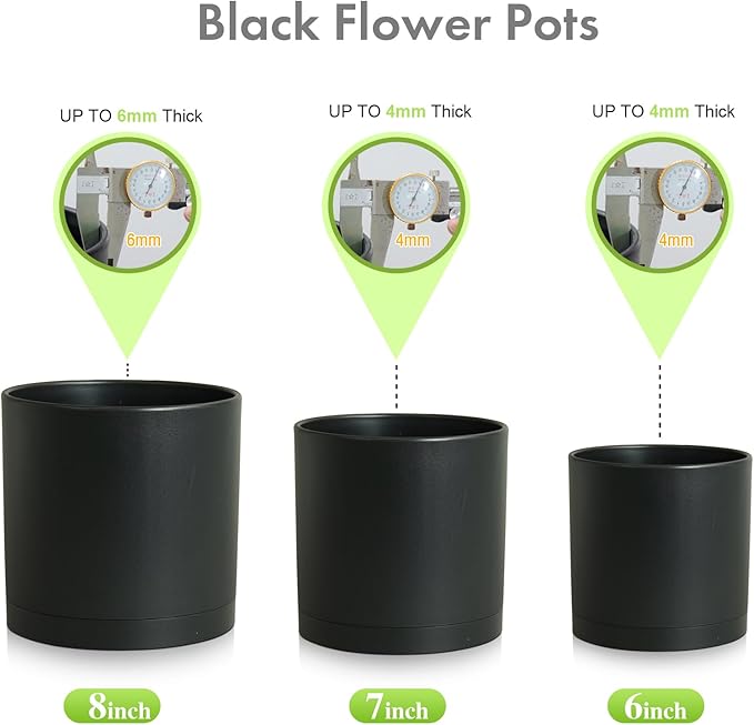 8/7/6 inch Plant Pots, 3 Set Cylinder Flower Pots for Outdoor Indoor Plants, Decorative Plastic Planters with Drainage Holes and Saucers for Garden House Plants, Black