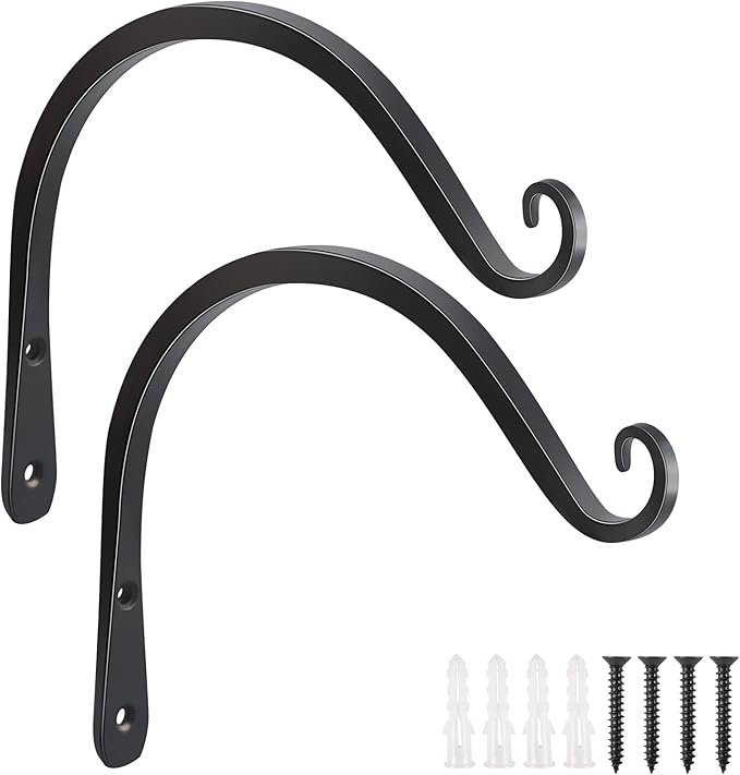 FEED GARDEN 2 Pack 8 Inch Hanging Plant Bracket Wall Hooks Decorative Plant Hangers for Outdoor Hanging Bird Feeders, Wind Chimes, Plant Baskets, Black