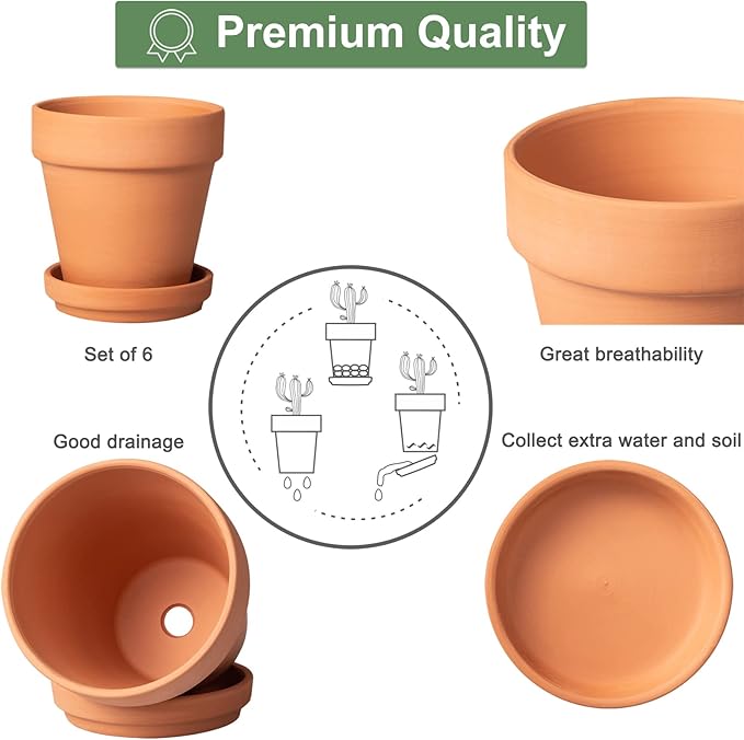 4 Inch Terracotta Pots with Saucer - 6 Pack Small Clay Plant Pots with Drainage Holes, Flower Pots with Tray, Terra Cotta Pots for Indoor Outdoor Plants, Crafts, Wedding Favor