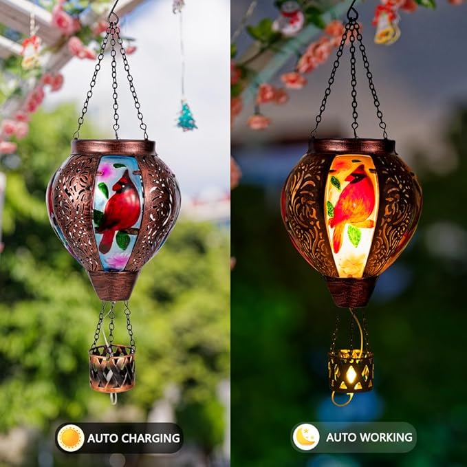 Cardinal Solar Hot Air Balloon Lantern with Flickering Flame Hanging Solar Lanterns Outdoor Waterproof,Metal Hot Air Balloon Lights for Patio Yard Party Garden Decor,Cardinal Gifts for Women