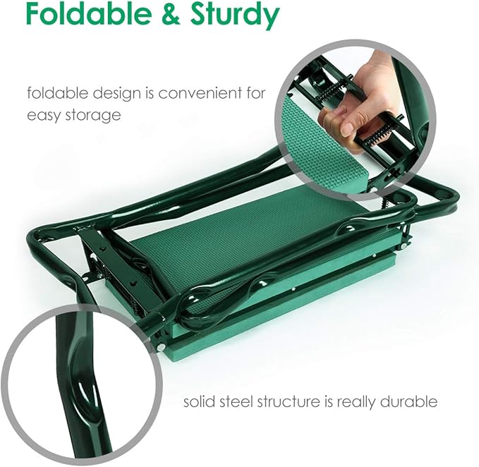 TomCare Upgraded Garden Kneeler Seat Widen Soft Kneeling Pad Garden Tools Stools Garden Bench with 2 Large Tool Pouches Outdoor Foldable Sturdy Gardening Tools for Gardeners, Green
