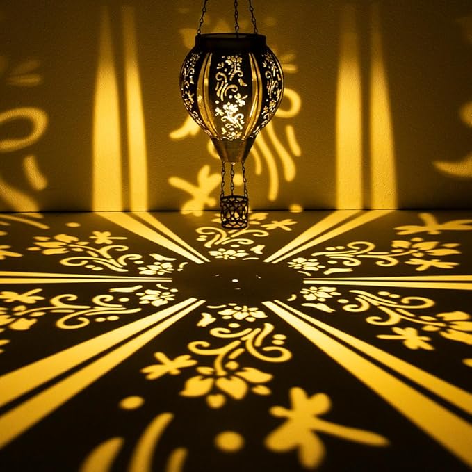 Starsoul Hot Air Balloon Solar Lantern with Flower Projection Metal Outdoor Waterproof Hot Air Balloon Solar Lights Hanging Lantern for Garden Yard Patio Decor