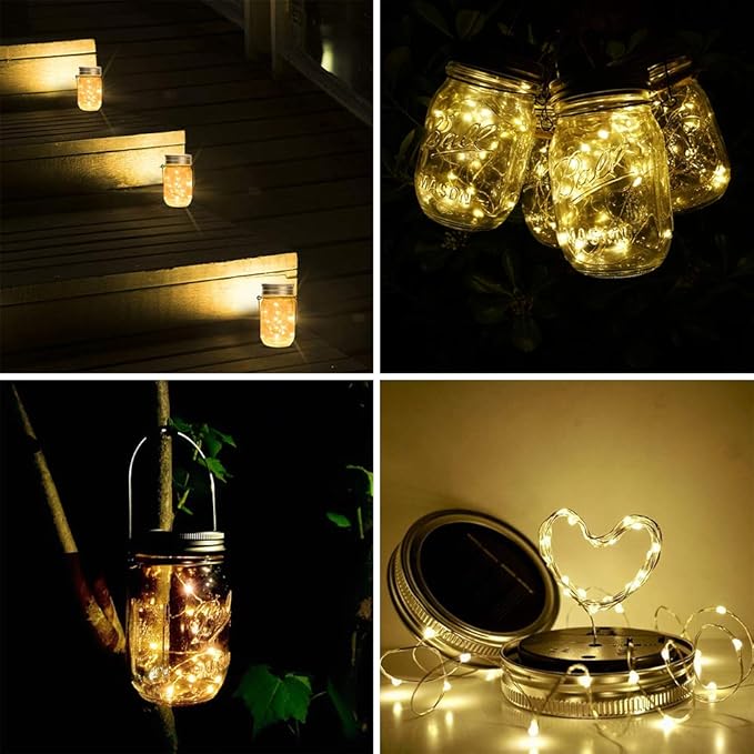 Solar Mason Jar Lights [Updated], 8 Pack 20 LED Waterproof Fairy Firefly Jar Lids String Lights with Hangers(NO JARS), Patio Yard Garden Wedding Decoration - Warm White