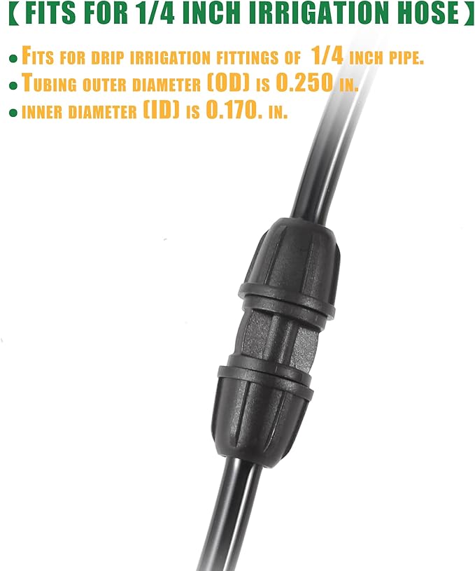 1/4 inch Drip Irrigation Fittings, Lock Barbed Coupling for ¼ in. tubing; Tubing Outside Diameter (OD) is 0.250 in., Internal Diameter (ID) is 0.170. in.(25Pcs/Pack) (Black-Coupling)