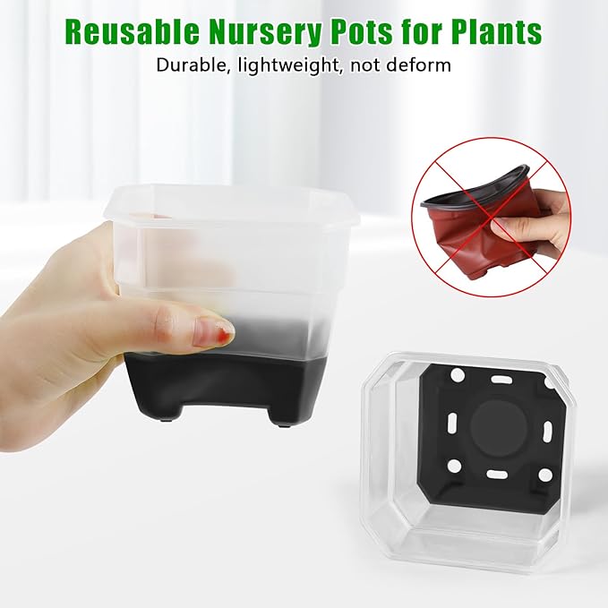 30 Packs 4 Inch Reinforced Clear Nursery Pots for Plants, Plastic Plant Pots with Silicone Base for Easy Transplant, Reusable Seedling Planting Pots Seed Starter with Drainage Holes (30, Black)