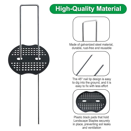 Finderomend 100 Pack Landscape Staples and 100 Pack Gaskets,11 Gauge 4" Galvanized Steel Garden Staples with Black Pads,Landscape Pins Turf Staples for Securing Weed Barrier Fabric Artificial Grass