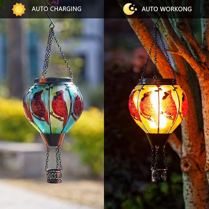 Starsoul 2 PC Cardinal Hot Air Balloon Solar Lantern with Flame Glass Outdoor Hanging Hot Air Balloon Solar Light Waterproof Garden Patio Yard Party Decorations