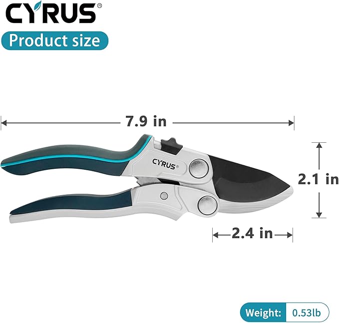 CYRUS Pruning Shears for Gardening 8" Pruners Trimming Scissors Ratchet Wheel Effortless Pruning Non Stick Coating Blade with Anti Slip Handle Scissors Widely Used for Gardening, Hydrology, Grow Tents
