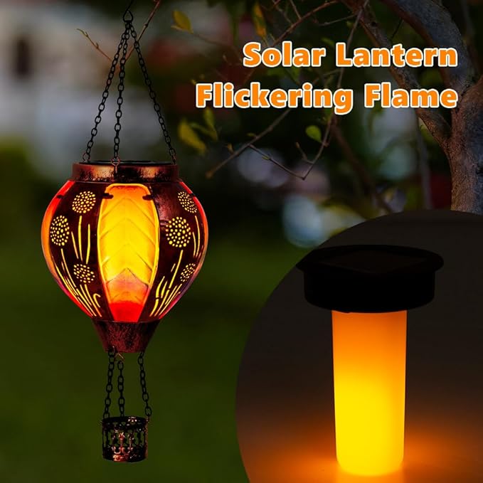 Hanging Hot Air Balloon Solar Lantern Waterproof, Solar Hot Air Balloon Lights with Flame Outdoor Garden Yard Patio Decor, Dandelion Colorful Lanterns Gifts for Mom
