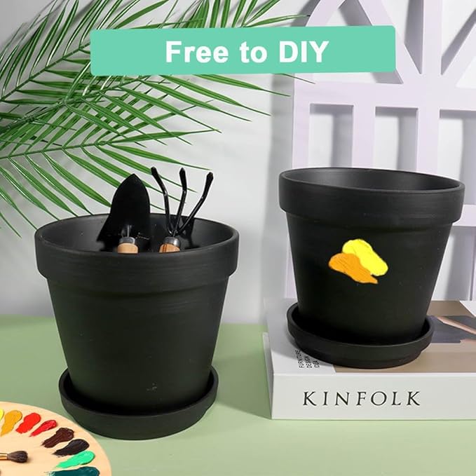 vensovo 6 Inch Black Terracotta & Clay Pots for Plant with Saucer - 4 Pack Medium Terra Cotta Planter with Drainage Hole, Flowerpot for Indoor Outdoor Plants, Crafts, Wedding Favor
