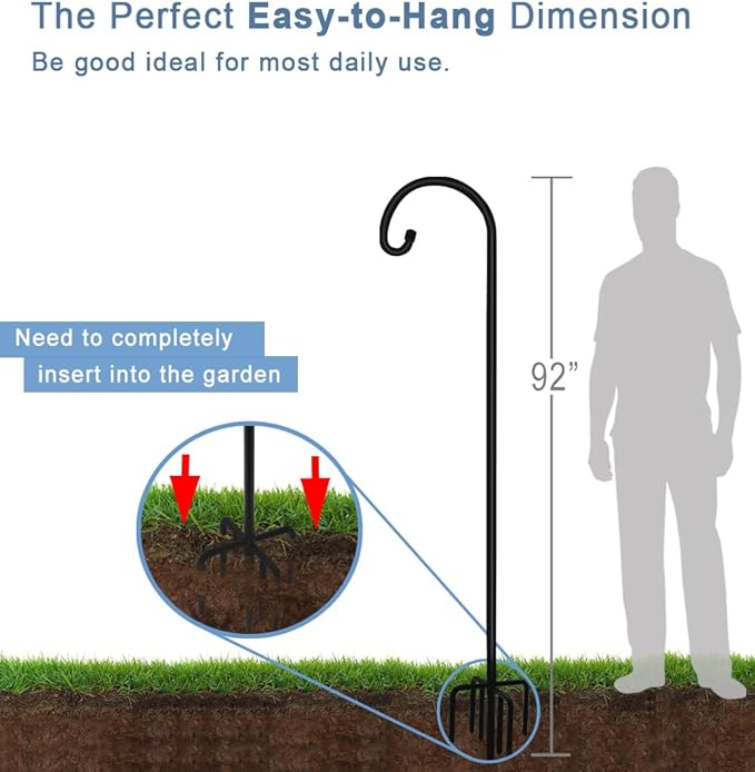 92 inch Outdoor Shepherd Hook with 5 Prong Base (2 Packs), Adjustable Heavy Duty Garden Hanging Stake for Bird Feeder Solar Light Plant Hanger Wedding Decor, Matte Black