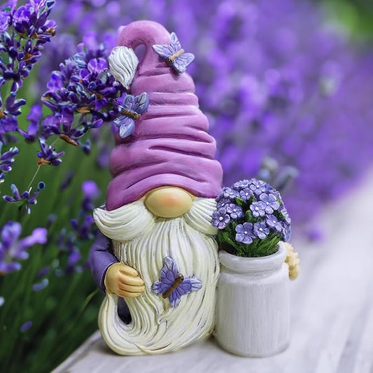 Garden Grace Lavender Gnome Figurine, 10" Purple Home Decor Statue with Butterflies and Flowers