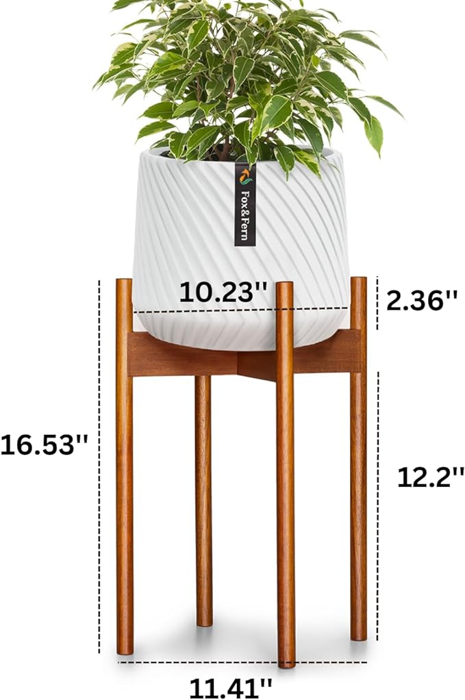 Fox & Fern Mid Century Tall Plant Stand — 10 Inch Fixed Size Raised Wooden Plant Stand for Indoor Planters; Modern Flower Pot Holder with Plug In Design; Easy to Assemble; Two Height Options - Acacia