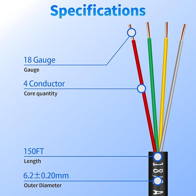 18/4 Solid Sprinkler System Wire 150ft, 18 Gauge Irrigation Wires PVC Jacket Sprinkler Cable for Underground Irrigation Valves Field Central Control System