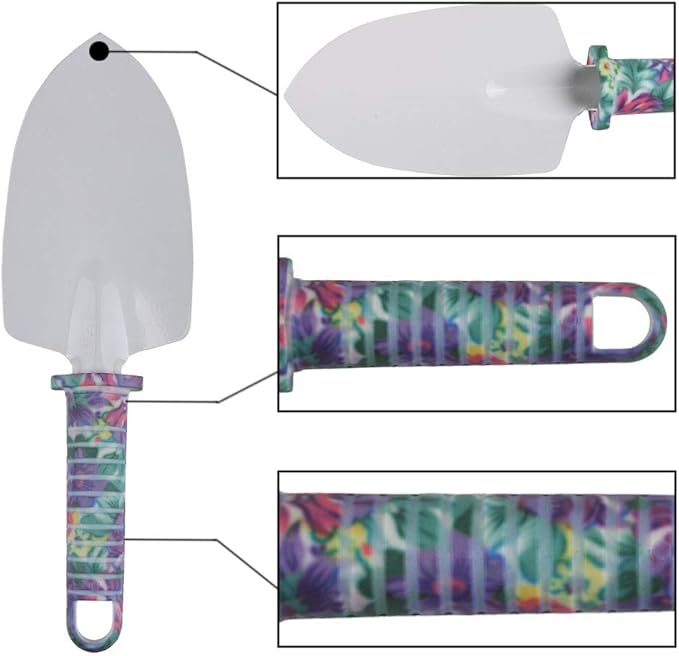 Garden Tools Set for Women, BENBO 7 Pieces Garden Hand Tools with Carrying Case, Ergonomic Non Slip Handle Pruning Shear Rake Shovels Spray Bottle and Gloves, Purple Floral Print Gardening Tools Gifts