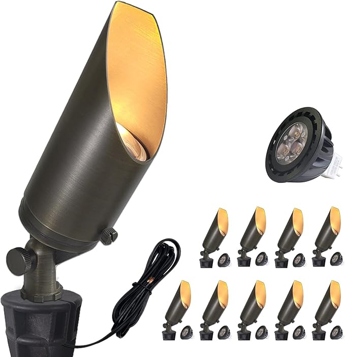 COLOER Brass Landscape Spotlights, 10 Pack Spotlight Fixture Outdoor with 5W Aluminum Housing MR16 LED Bulb 2700K 450LM, 12V AC/DC Low Voltage Landscape Lighting, Uplight for Garden and Patio(103B)