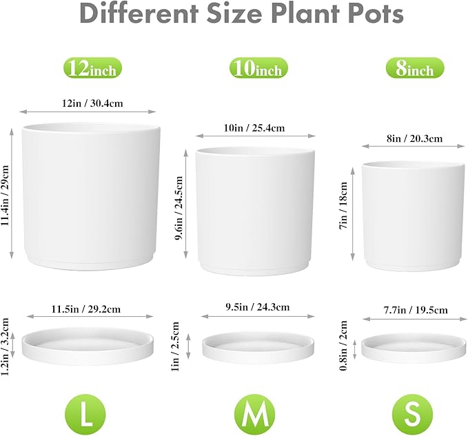 12/10/8 inch Large Plant Pots, 3 Pack Deep Cylinder Flower Pots for Outdoor Indoor Plants, Tall Plastic Planters with Drainage Holes and Saucers for Garden House Plants, White