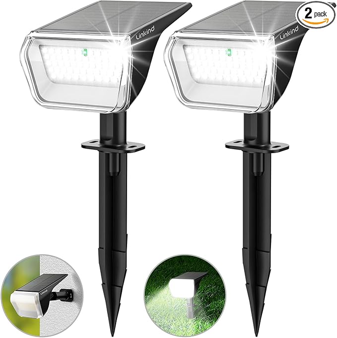 Linkind Solar Lights Outdoor 60 LEDs Solar Lights for Outside Ultra-Bright 800LM S olar Spot Lights 30% Conversion Rate Solar Landscape Light Waterproof IP67 for Garden Yard Pathway, 2Pack Cool White