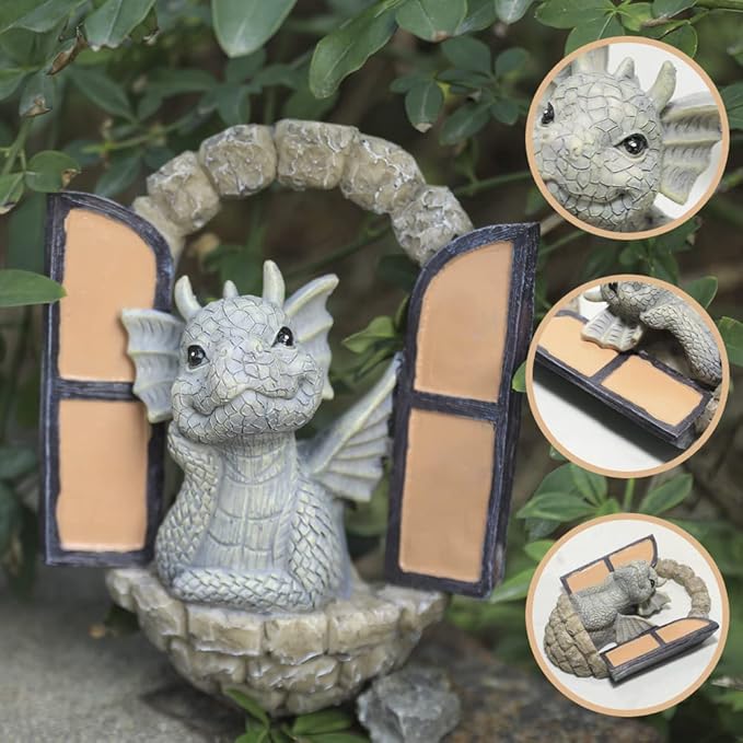 Dragon Garden Ornament Resin Craft Ornament Statue Fairy Door Yard Art Outdoor and Garden Solar Light Luminous Sand Open Door Dragon Wall Statue Outdoors Decor (Eye to Eye)
