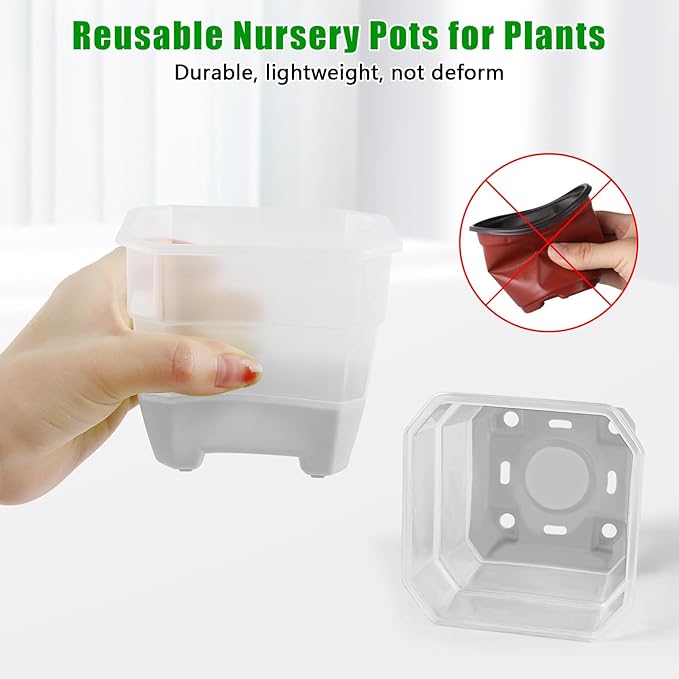 15 Packs 4 Inch Reinforced Clear Nursery Pots for Plants, Plastic Plant Pots with Silicone Base for Easy Transplant, Reusable Seedling Planting Pots Seed Starter with Drainage Holes (15, Gray)