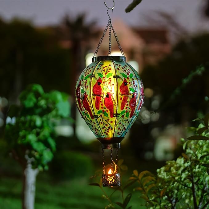 DREAMSOUL Cardinal Large Solar Hot Air Balloon Lantern with Flame, Glass Hanging Solar Lanterns Outdoor Waterproof for Garden Yard Patio Decor