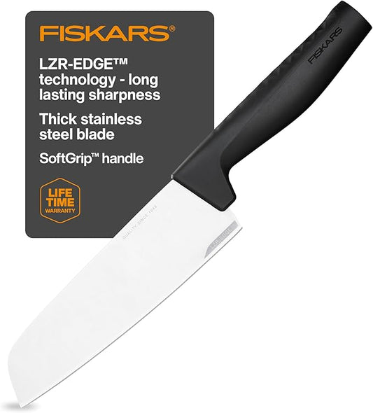 Fiskars 6.3" Santoku Knife, Kitchen Knife for Chopping, Dicing, and Mincing with Japanese Stainless Steel Hard Edge Blade, DIshwasher Safe
