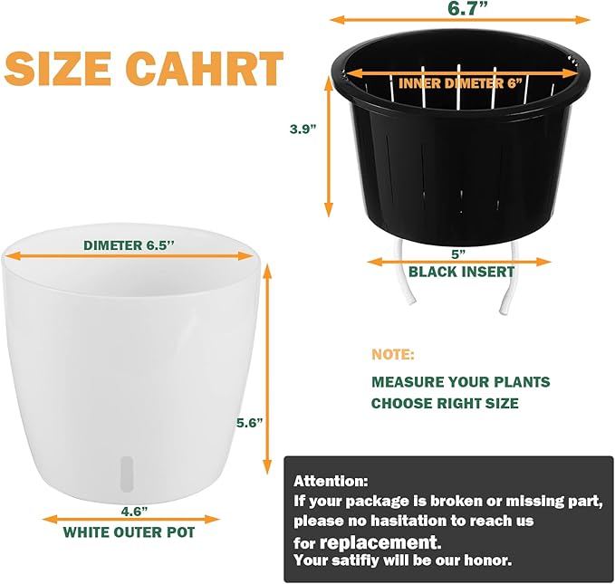 Planterhoma 6.7 Inch Self Watering Pots for Indoor Plants, 4 Packs White African Violet Pots with Water Indicator and Black Wick Pots, Self Watering Planters for Devil's Ivy, Indoor Plant Pots