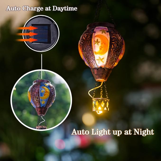 Solar Hot Air Balloon Lantern with Flame Flickering LED Metal Star Moon Hot Air Balloon Solar Lantern Outdoor Waterproof Hanging Outdoor Light for Garden,Yard,Porch Mother Day Gift for Women