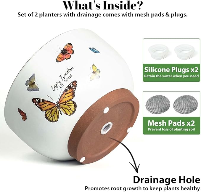 YBX 8 Inch & 6 Inch Terracotta Pots, Plant Pots Indoor, Flower Pots for Indoor Plants with Drainage, Planters with Butterfly Accent for Indoor Plants (Tropical)