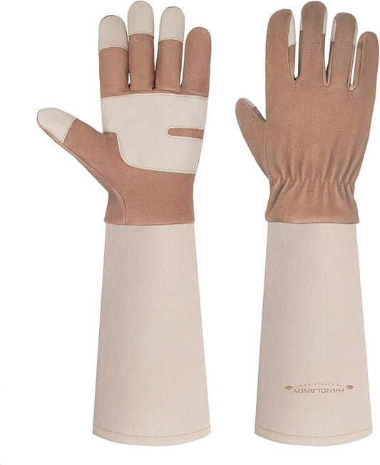 HANDLANDY Long Gardening Gloves for Men & Women, Thorn Proof Rose Pruning Gloves Leather Gauntlets Garden Gloves Yard Work Gloves (Medium, Brown)