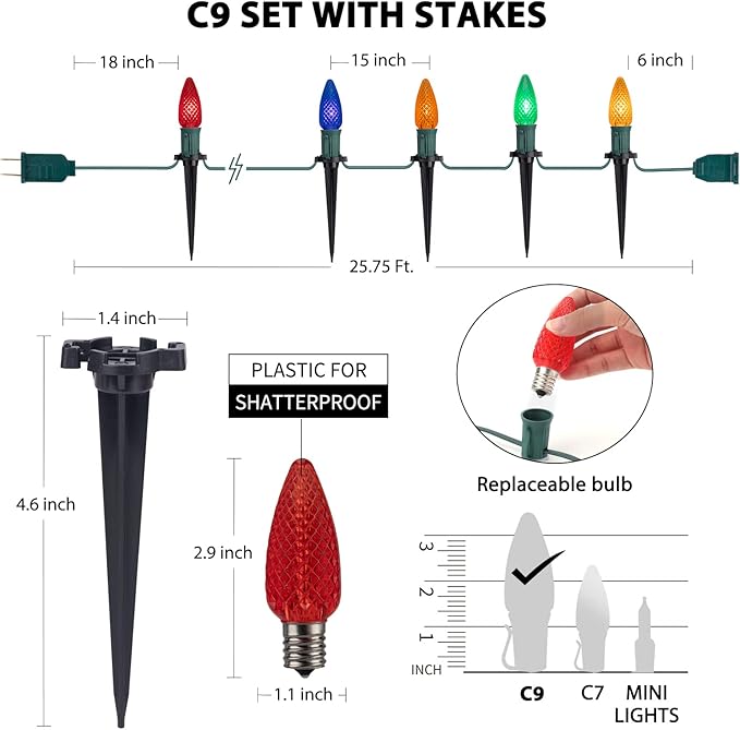 Brightown Strawberry C9 Christmas Pathway Lights, 25.7 Feet Walkway String With 20 Clear Bulbs and Stakes, Connectable Outdoor Decoration for Outside Lawn, Multicolor
