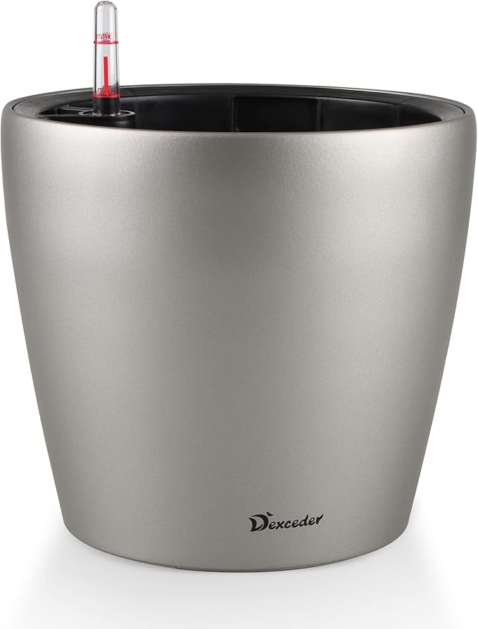 Dexceder 9x8 Inches Self Watering Planter Metallic Matte Indoor Outdoor, Inner Pot Design, Thickened Table Flower Plant Pot with Water Level Indicator (Smoky Gray)