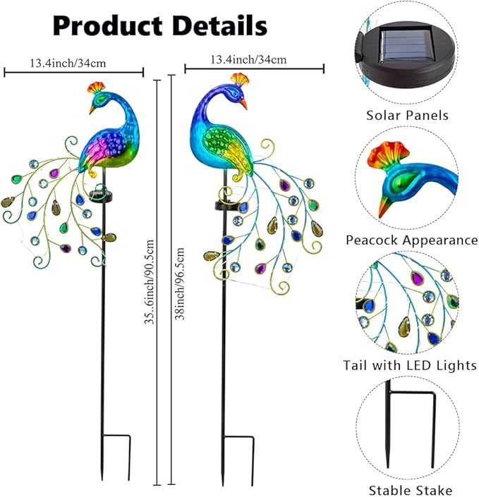 DREAMSOUL 2 Pack Peacock Solar Lights Outdoor, Waterproof Metal Peacock Outdoor Solar Lights for Yards Pathway Lawn Decoration Peacock Gifts